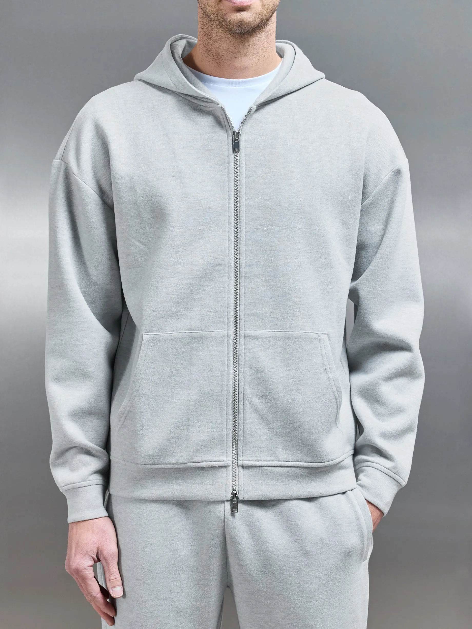 Relaxed Fit Knitted Zip Through Hoodie - Marl Grey