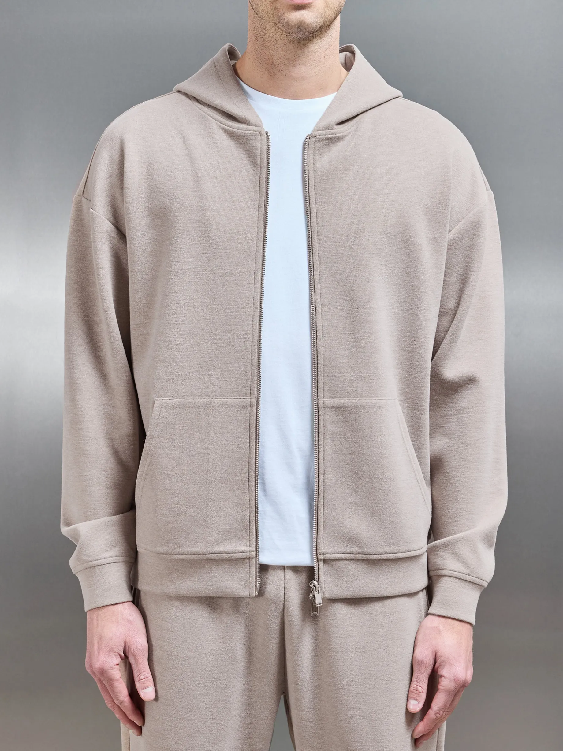 Relaxed Fit Knitted Zip Through Hoodie - Stone