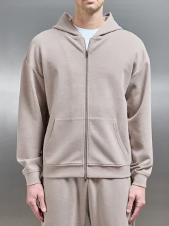 Relaxed Fit Knitted Zip Through Hoodie - Stone
