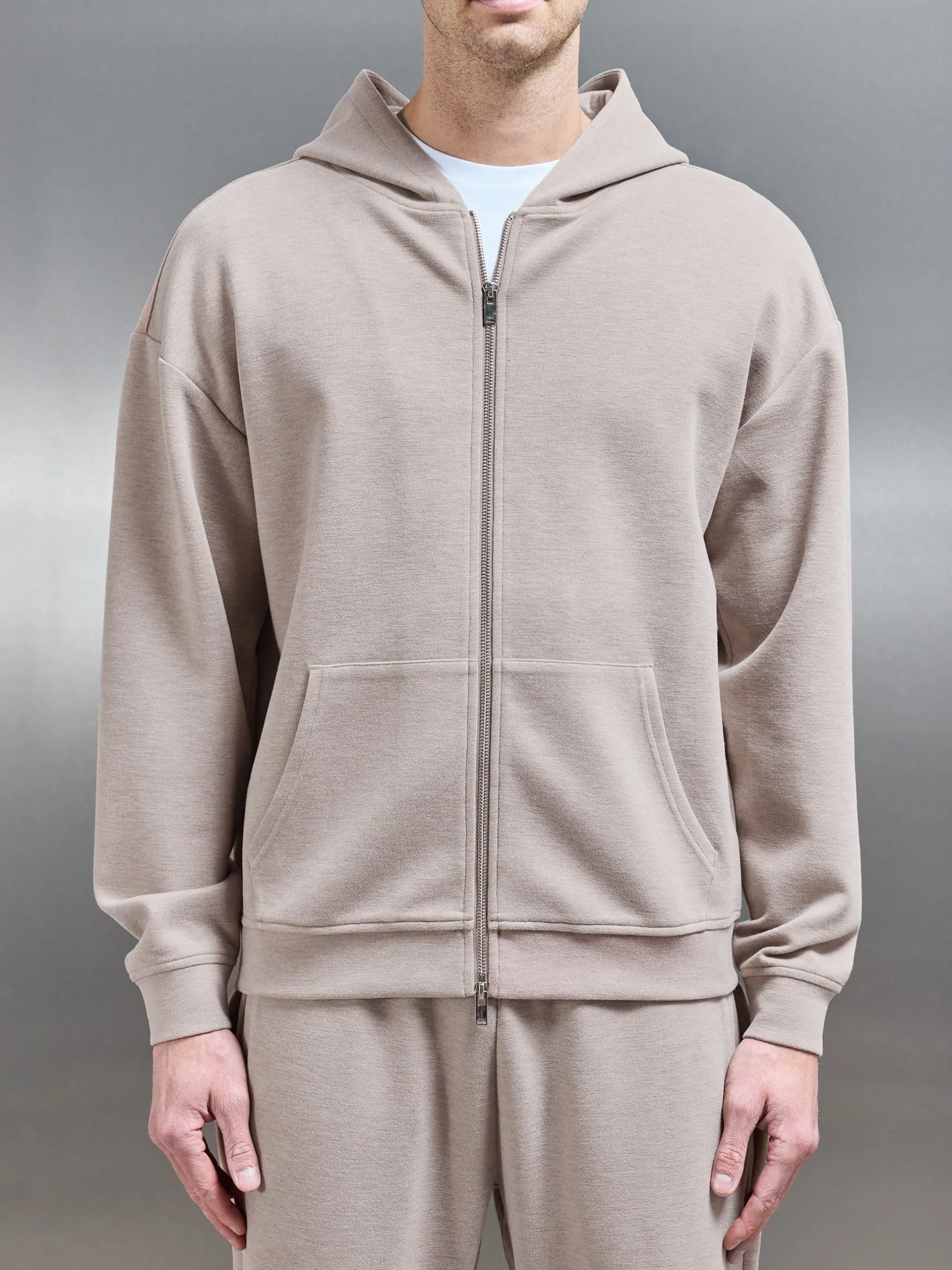 Relaxed Fit Knitted Zip Through Hoodie - Stone