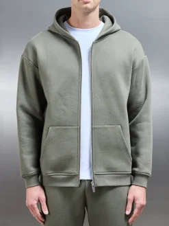 Relaxed Zip Through Hoodie - Olive