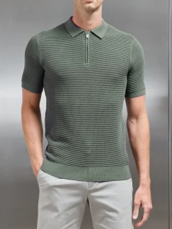 RIbbed Knitted Zip Polo Shirt - Sage