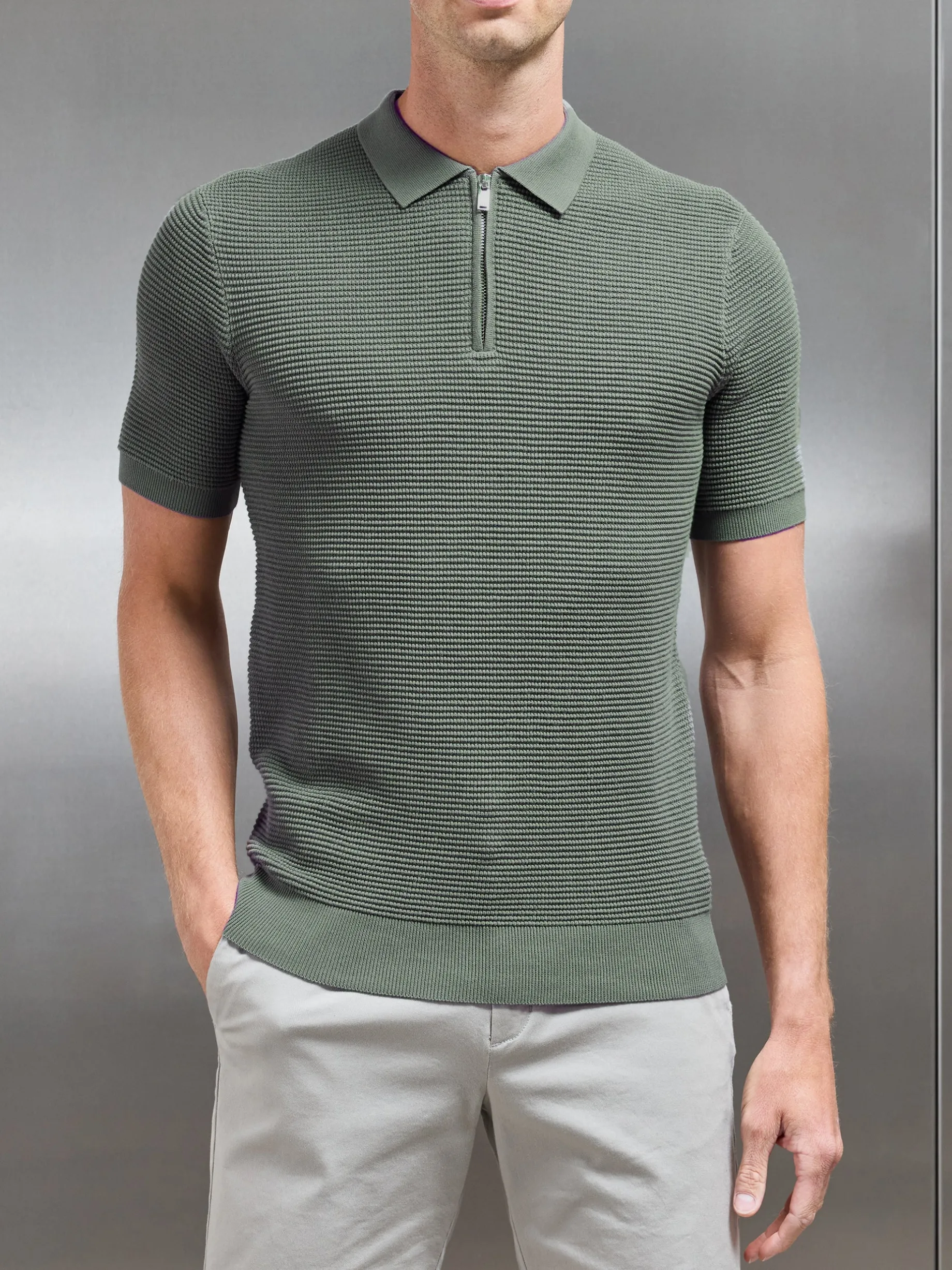 RIbbed Knitted Zip Polo Shirt - Sage