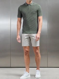 RIbbed Knitted Zip Polo Shirt - Sage