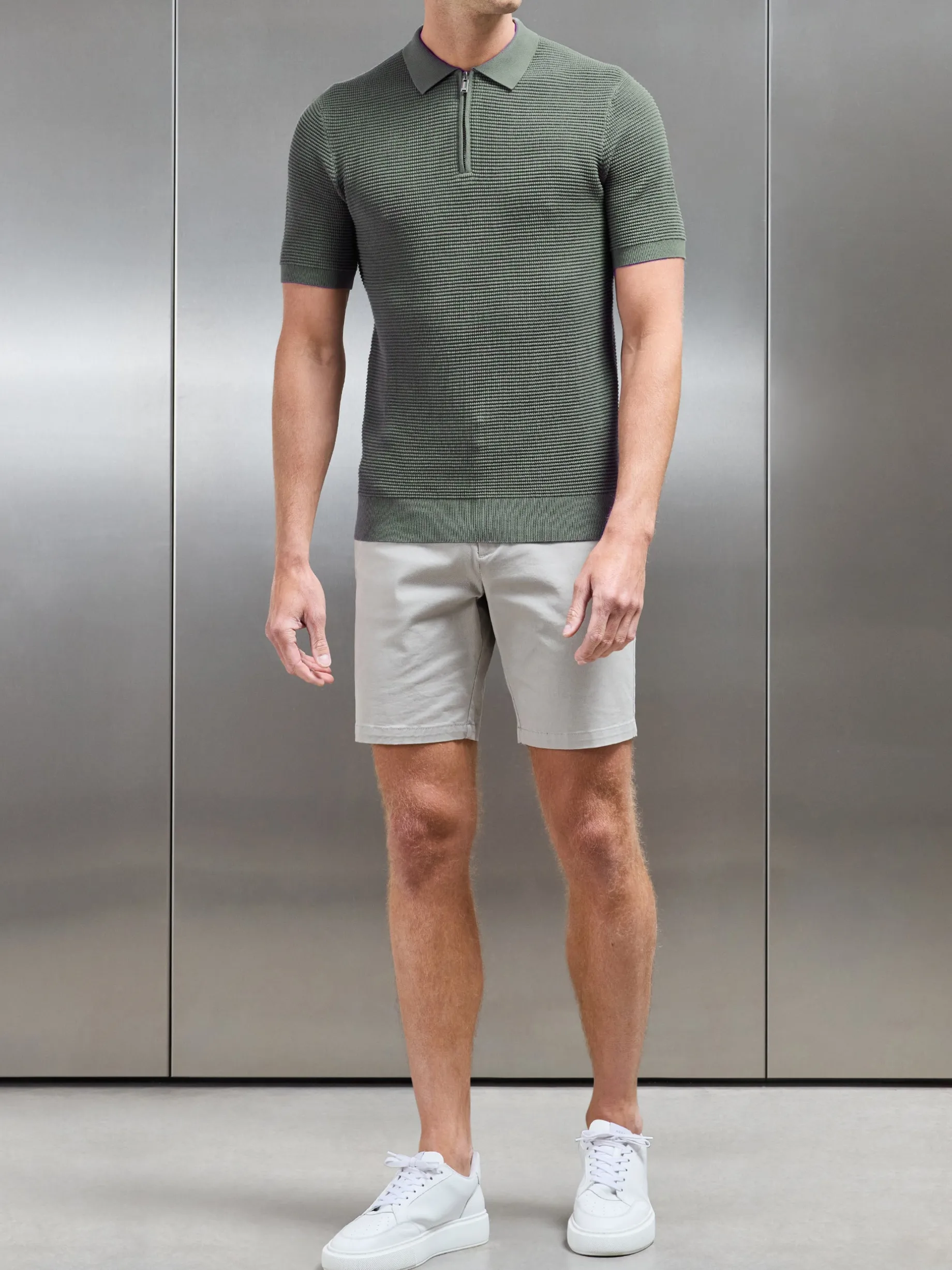 RIbbed Knitted Zip Polo Shirt - Sage