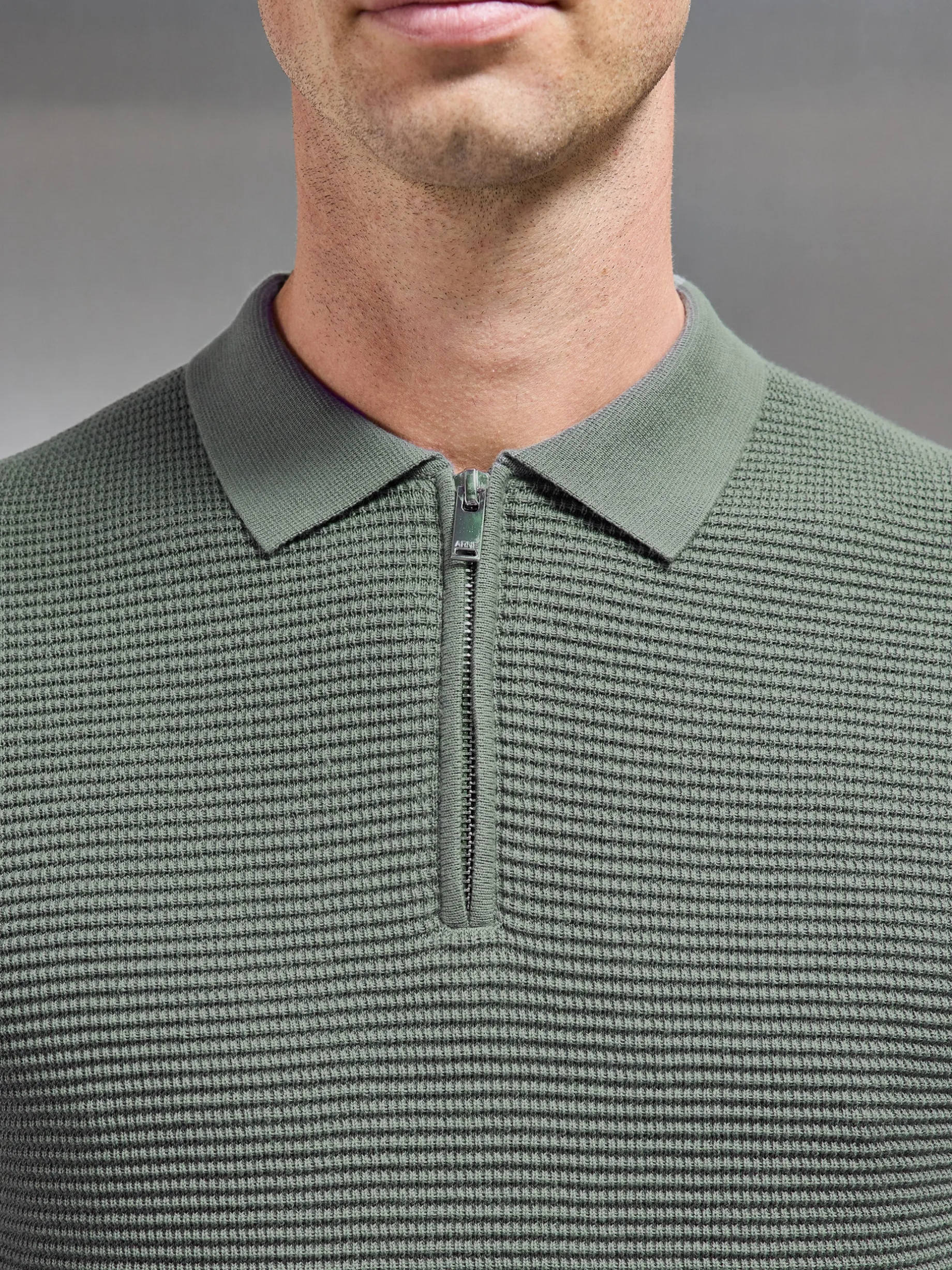 RIbbed Knitted Zip Polo Shirt - Sage