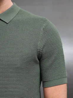 RIbbed Knitted Zip Polo Shirt - Sage