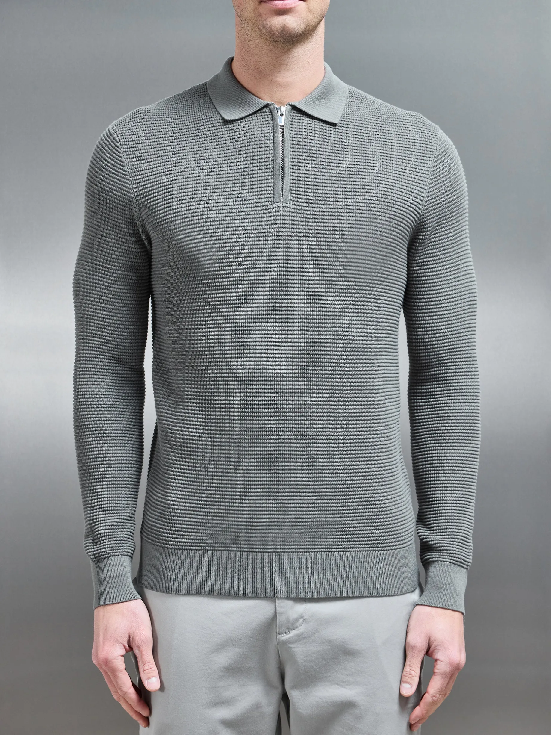 Ribbed Textured Long Sleeve Knitted Zip Polo - Sage