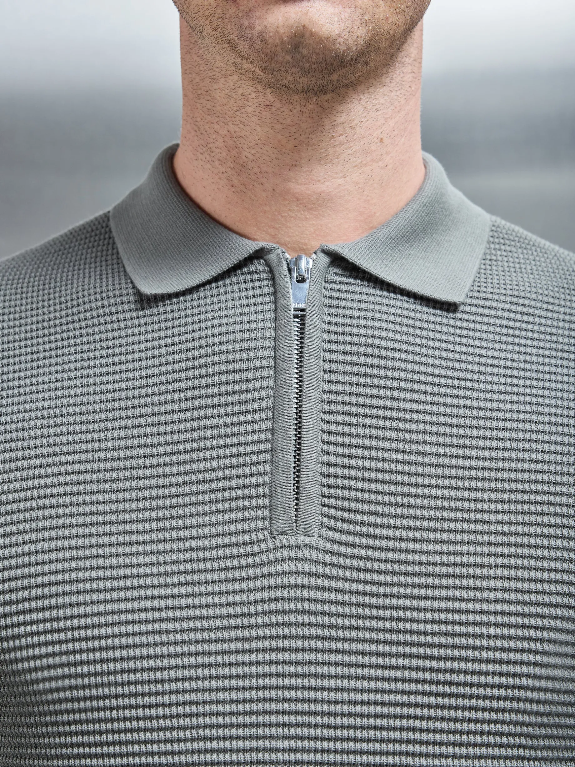Ribbed Textured Long Sleeve Knitted Zip Polo - Sage