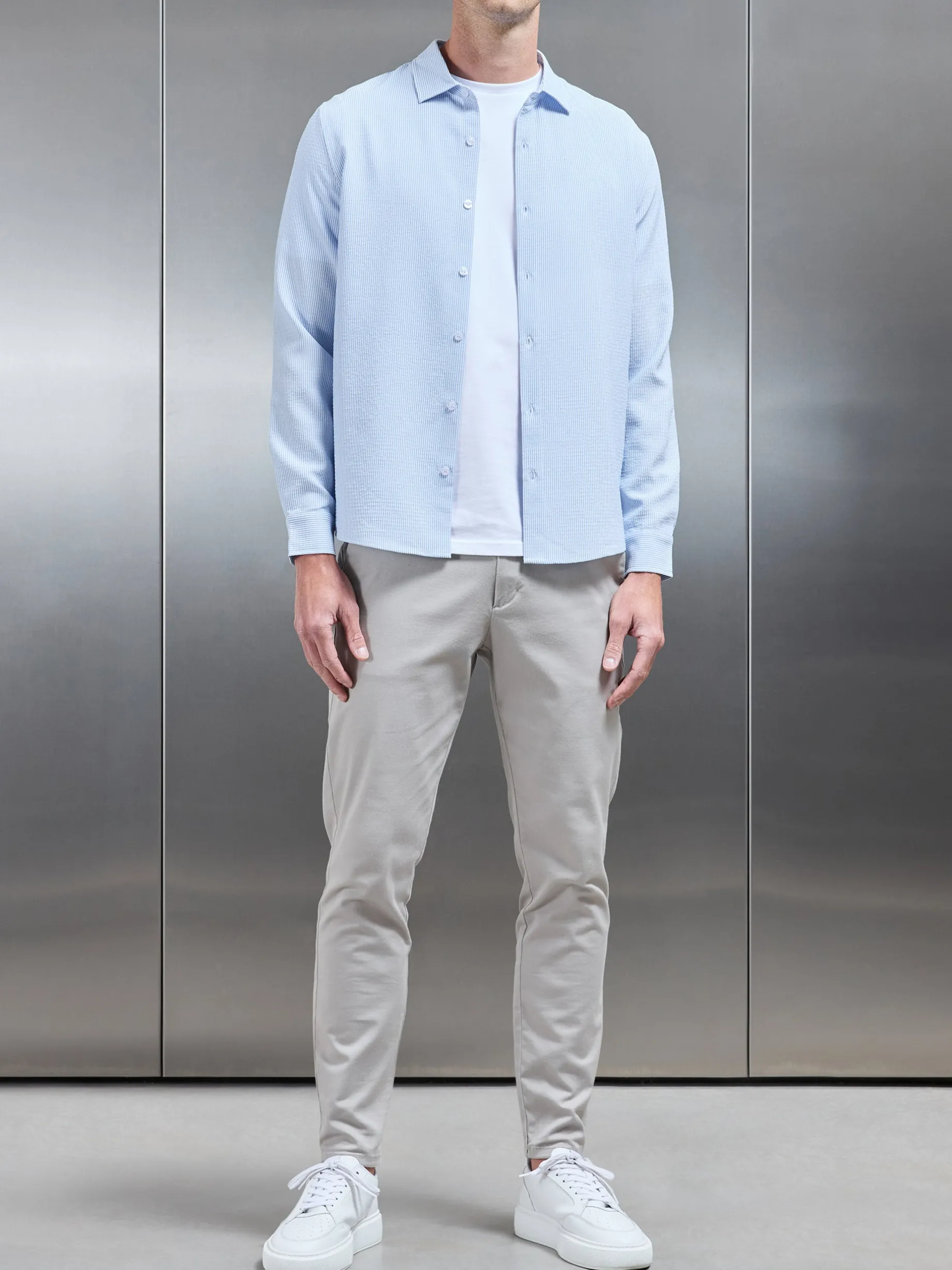 Seersucker Long Sleeve Cutaway Collar Shirt - Light Blue