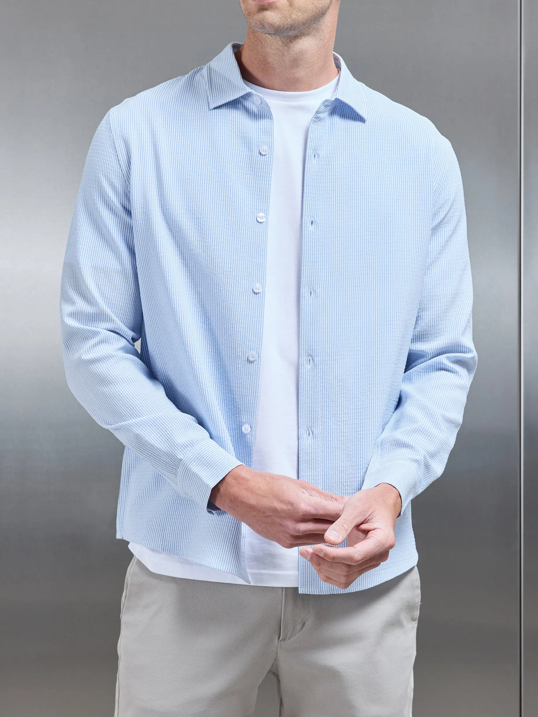 Seersucker Long Sleeve Cutaway Collar Shirt - Light Blue