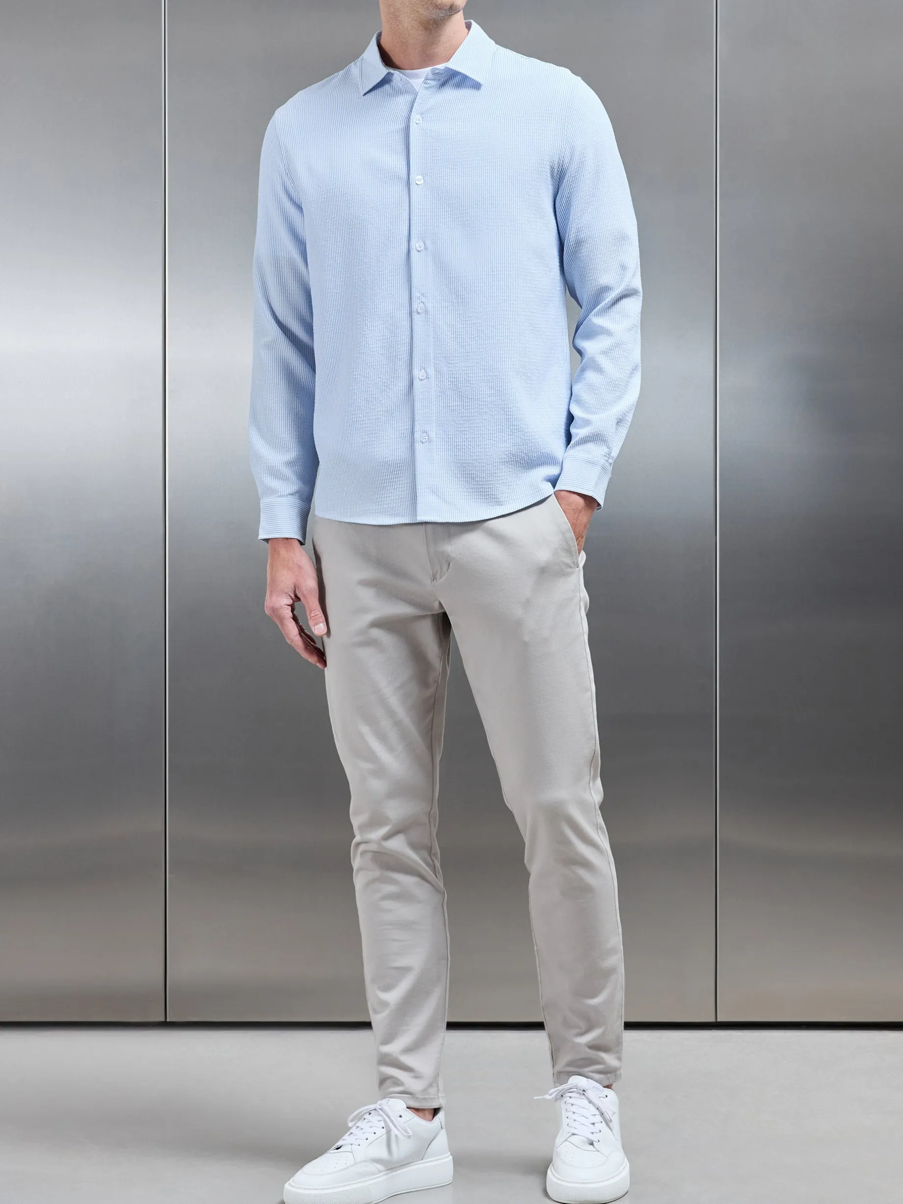 Seersucker Long Sleeve Cutaway Collar Shirt - Light Blue