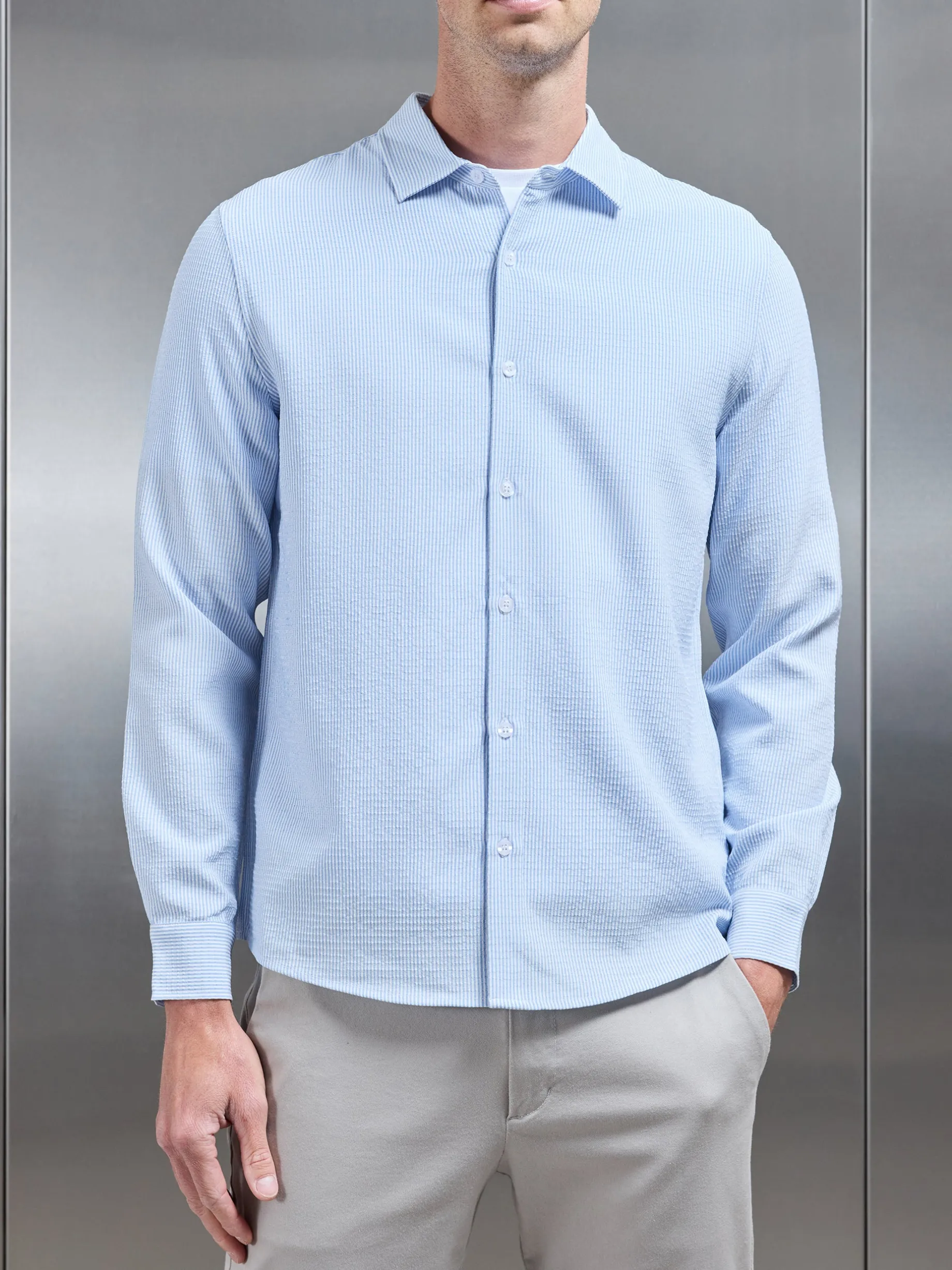 Seersucker Long Sleeve Cutaway Collar Shirt - Light Blue