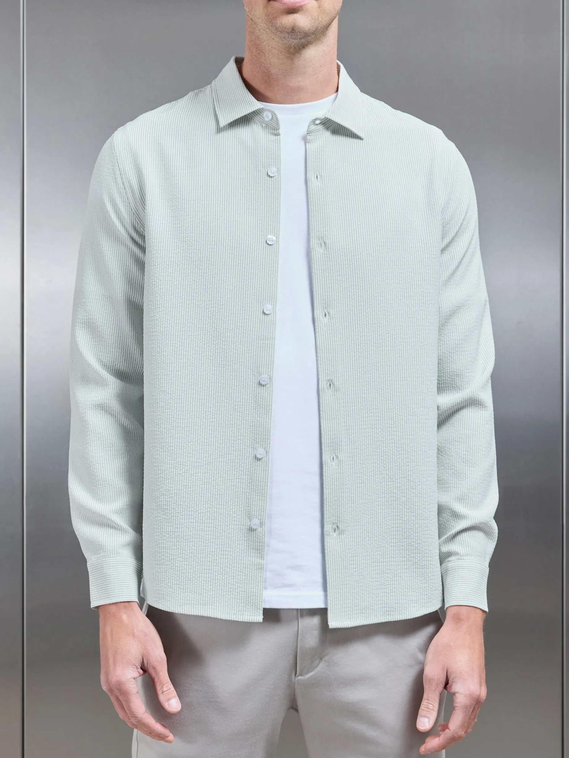 Seersucker Long Sleeve Cutaway Collar Shirt - Sage