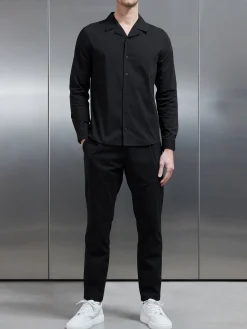Seersucker Revere Collar Long Sleeve Shirt - Black