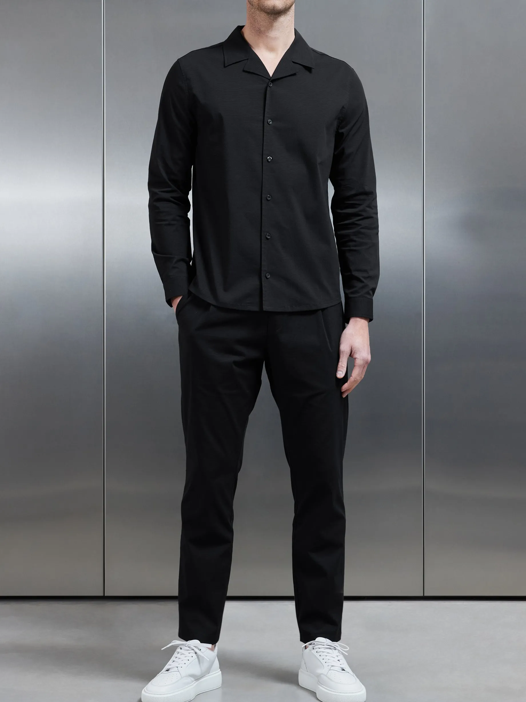 Seersucker Revere Collar Long Sleeve Shirt - Black