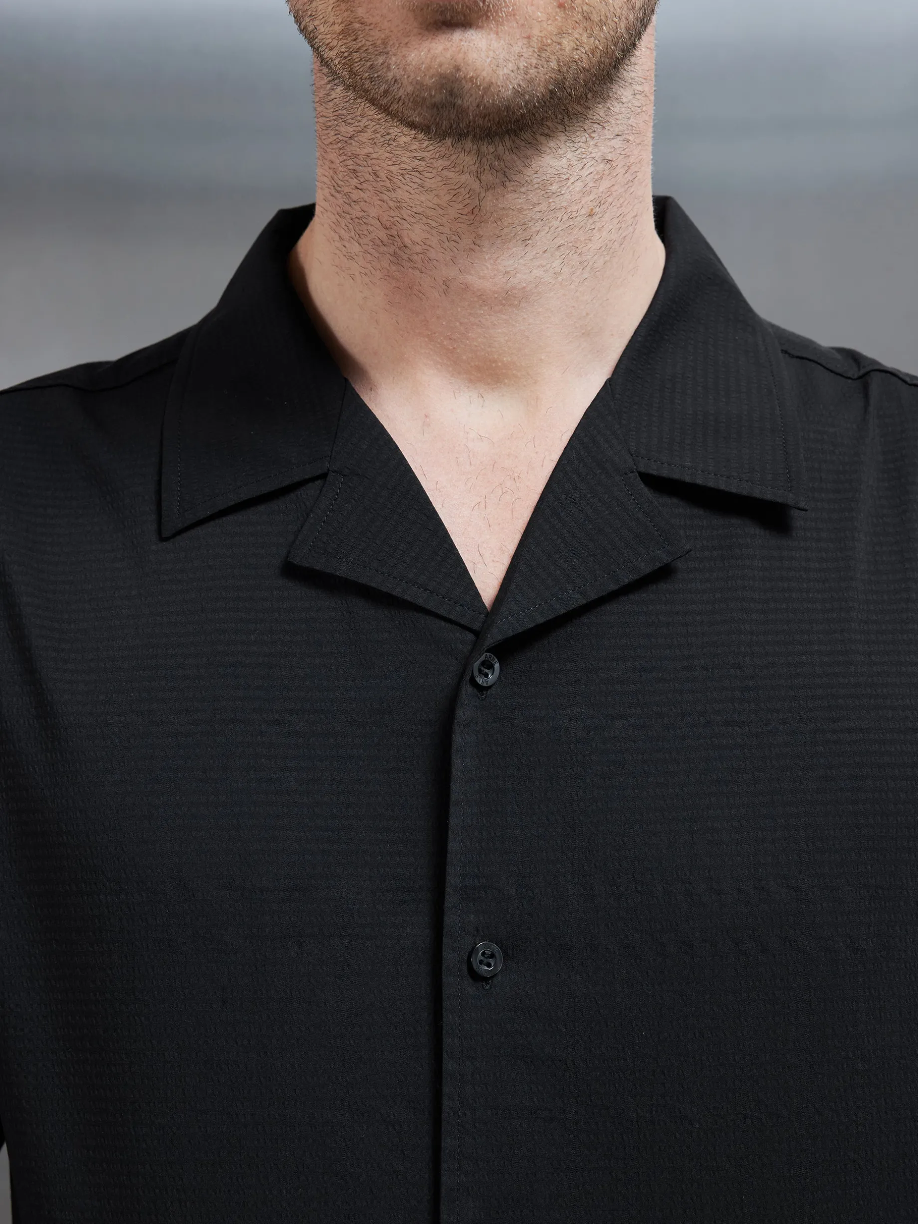 Seersucker Revere Collar Long Sleeve Shirt - Black