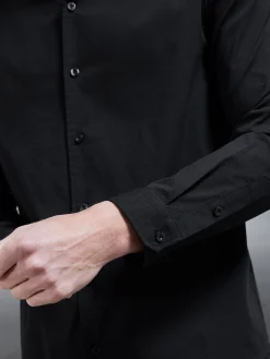 Seersucker Revere Collar Long Sleeve Shirt - Black