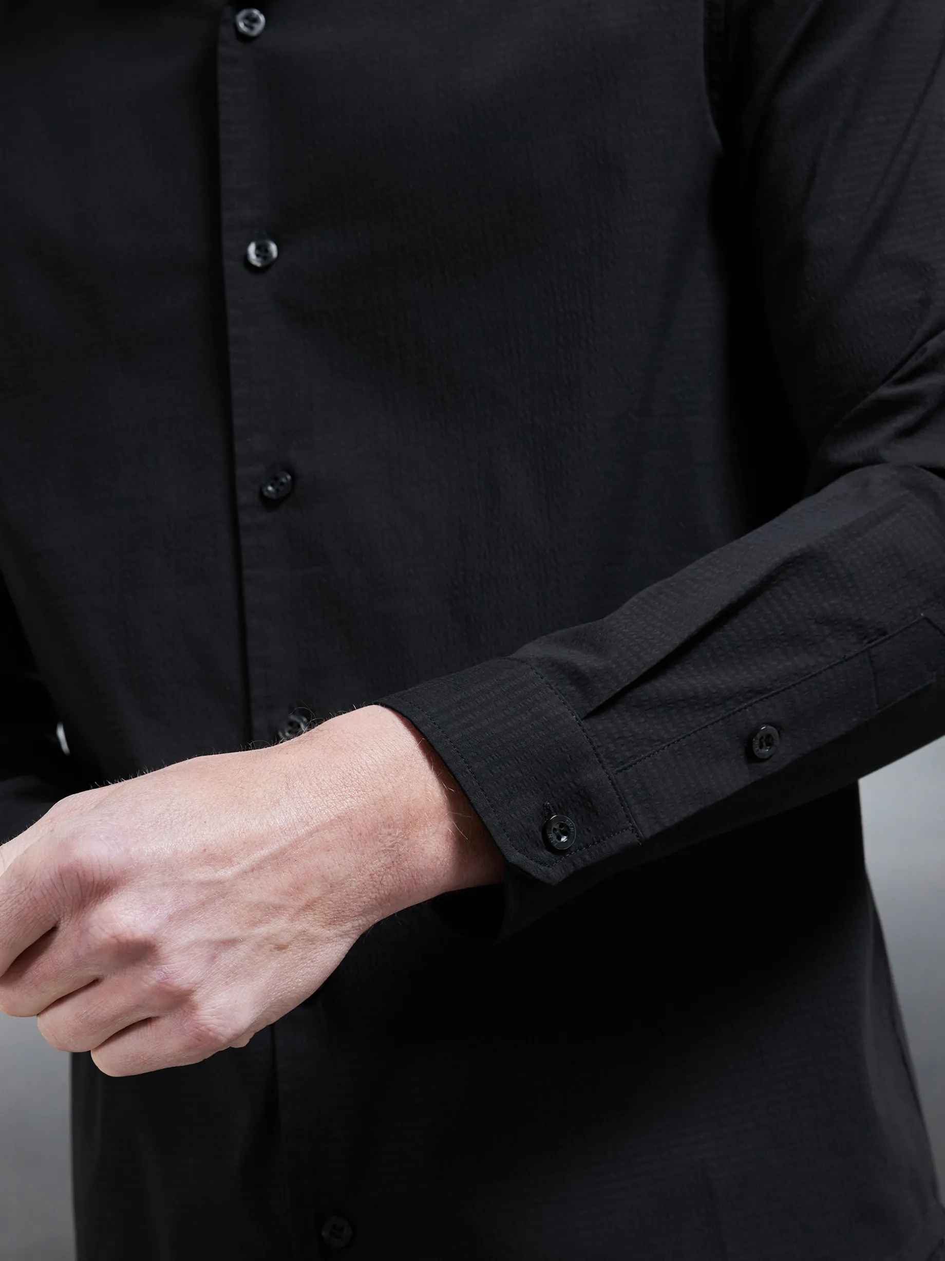 Seersucker Revere Collar Long Sleeve Shirt - Black