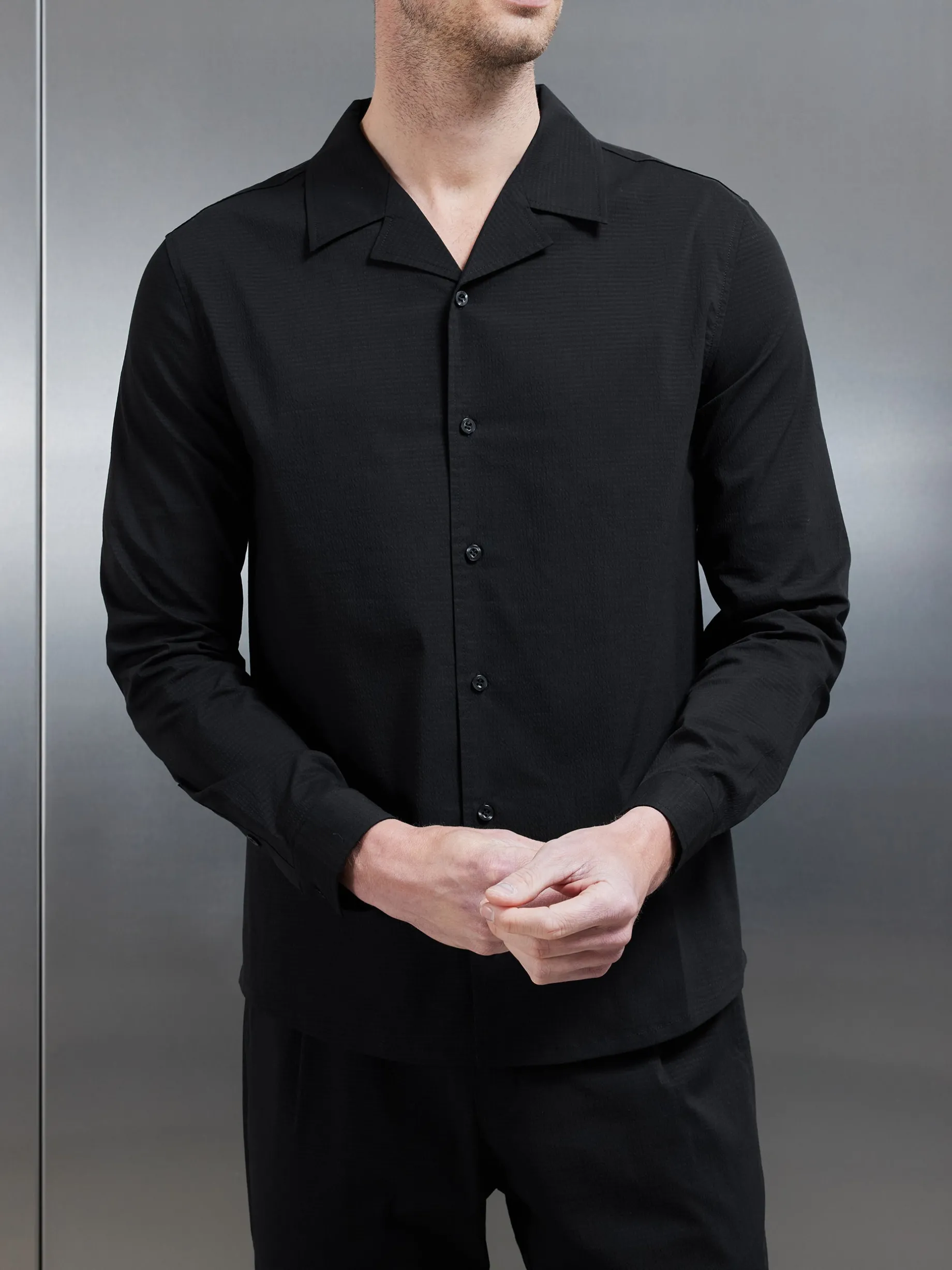 Seersucker Revere Collar Long Sleeve Shirt - Black