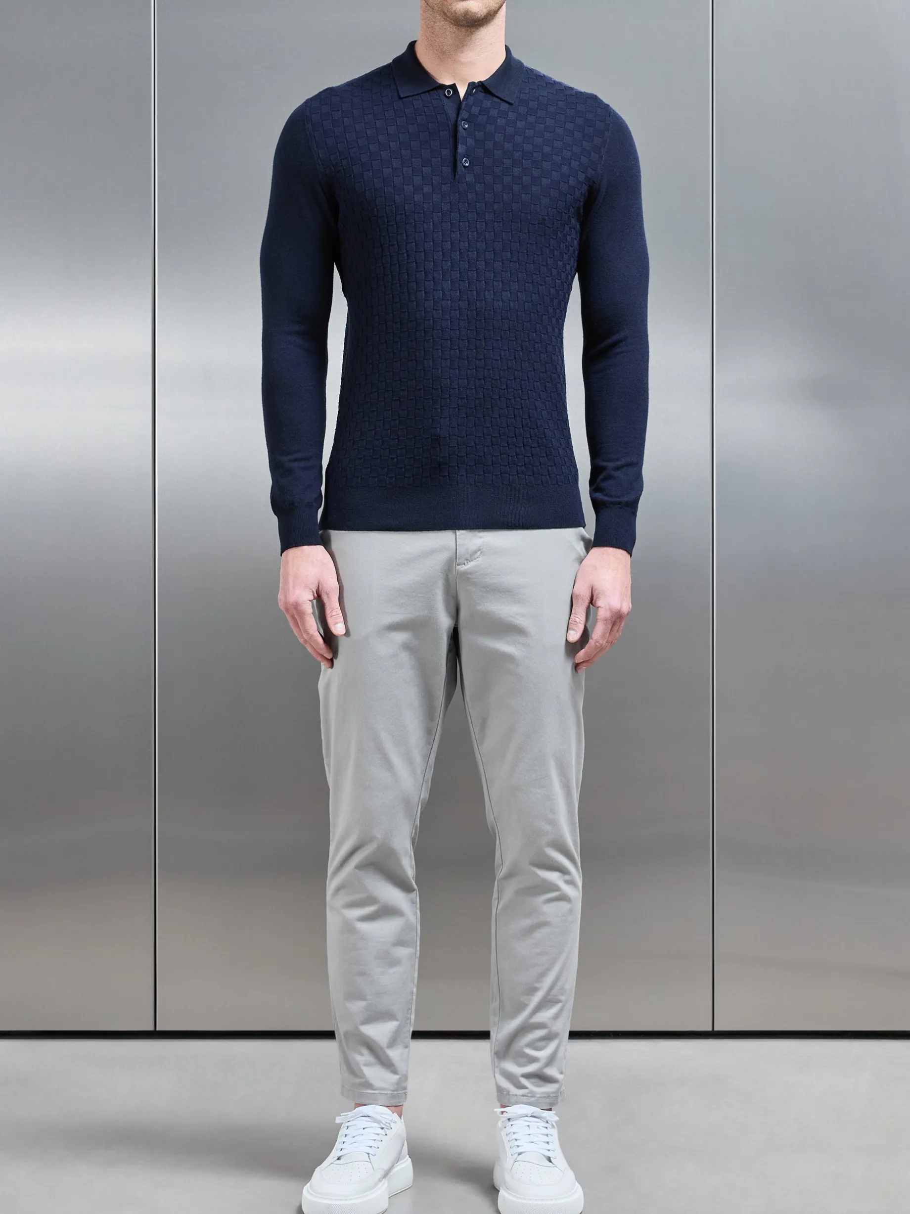 Square Textured Long Sleeve Button Polo Shirt - Navy