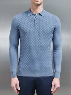 Square Textured Long Sleeve Button Polo Shirt - Silk Blue