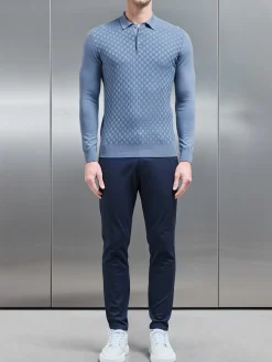 Square Textured Long Sleeve Button Polo Shirt - Silk Blue