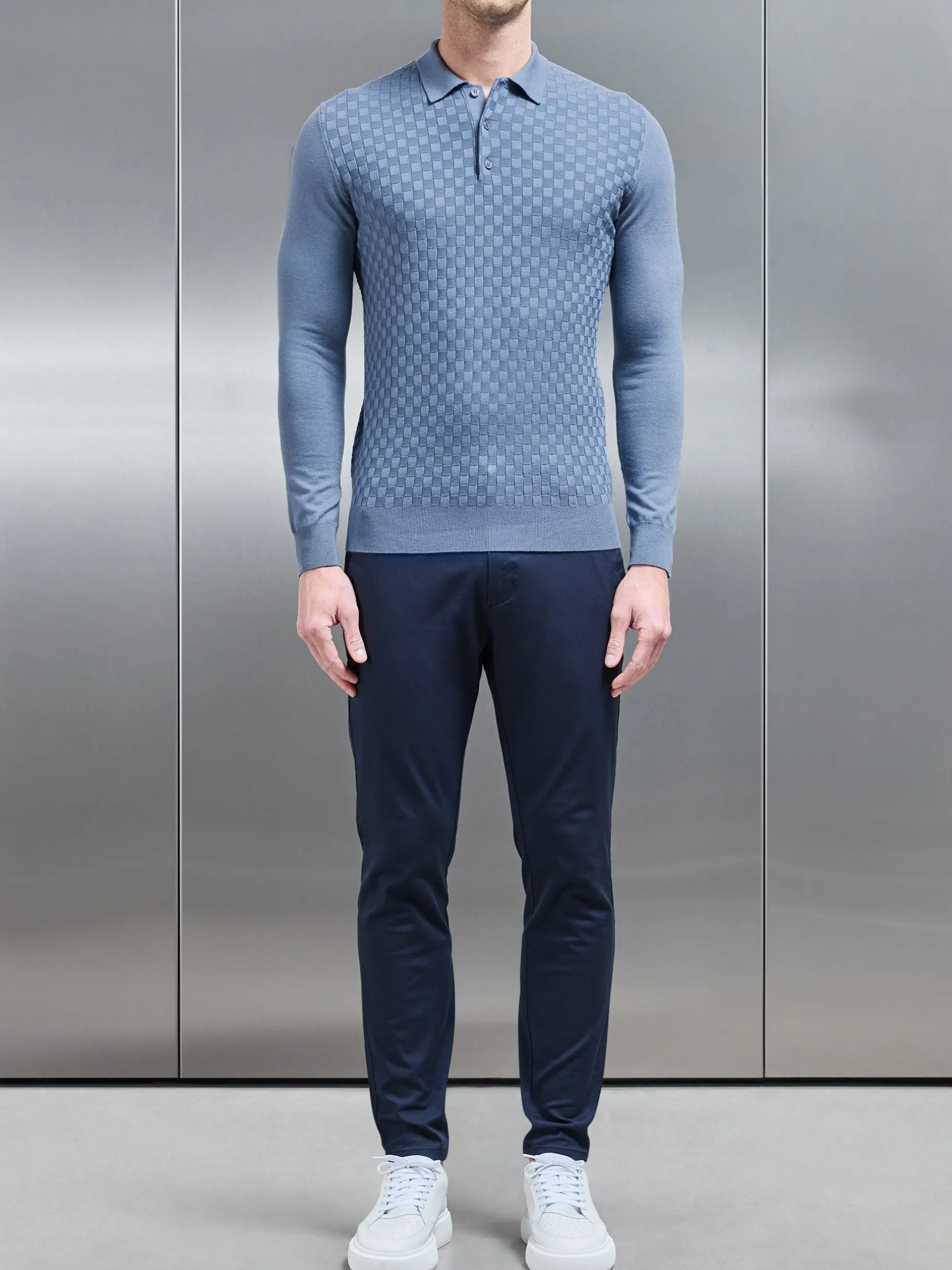 Square Textured Long Sleeve Button Polo Shirt - Silk Blue