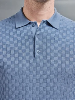 Square Textured Long Sleeve Button Polo Shirt - Silk Blue