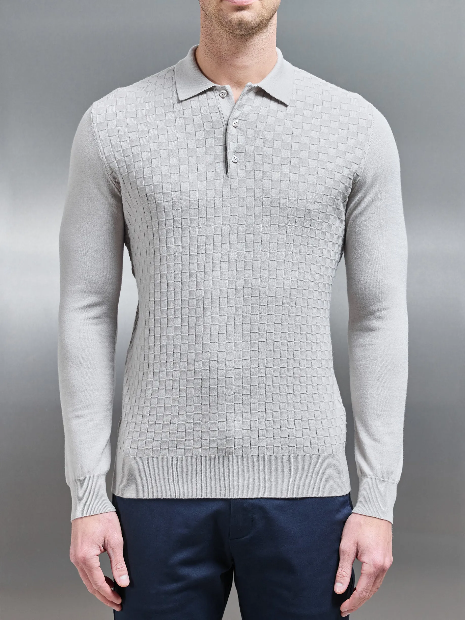 Square Textured Long Sleeve Button Polo Shirt - Stone