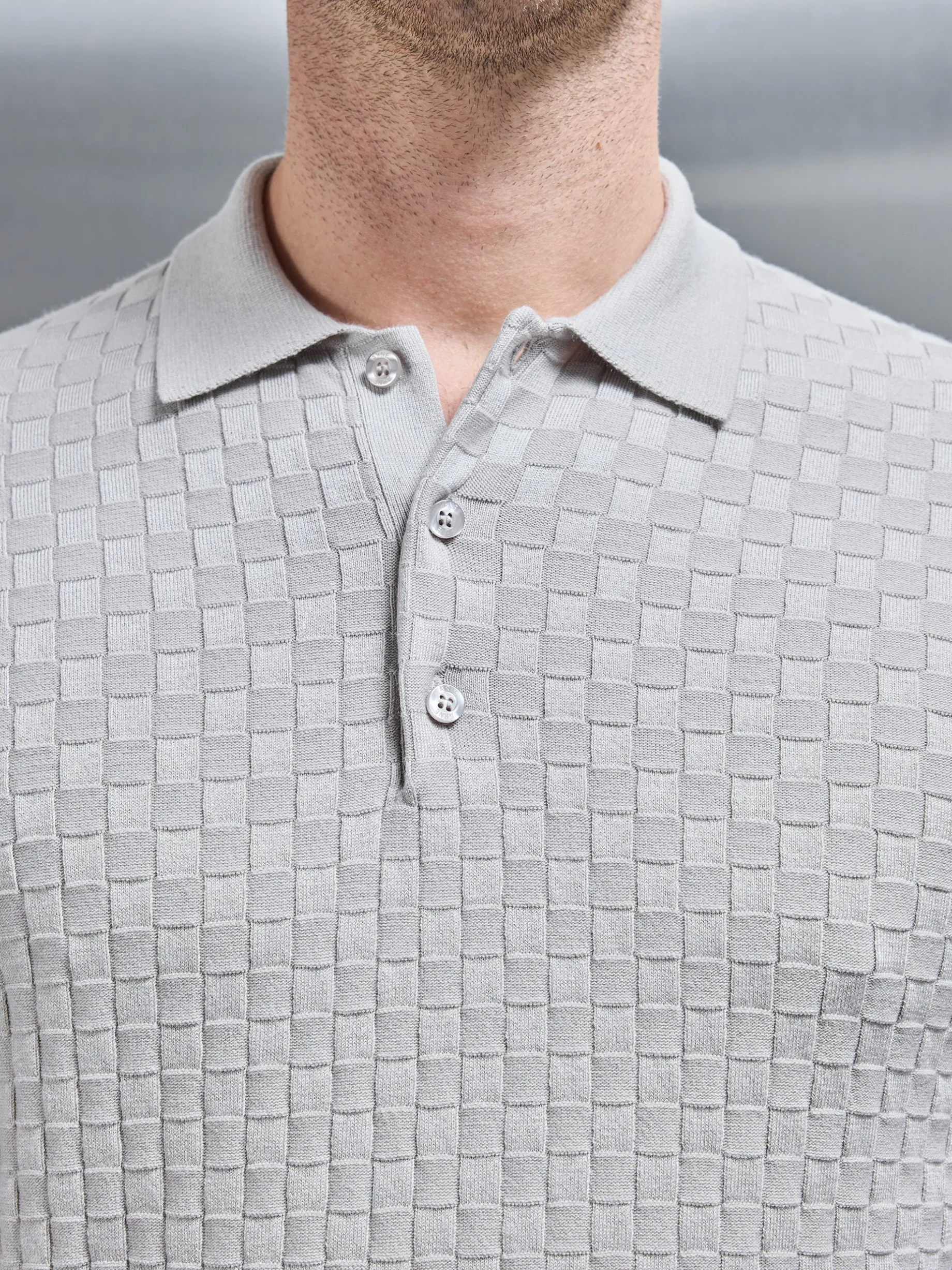 Square Textured Long Sleeve Button Polo Shirt - Stone