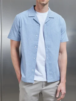 Stripe Short Sleeve Revere Collar Shirt - Blue