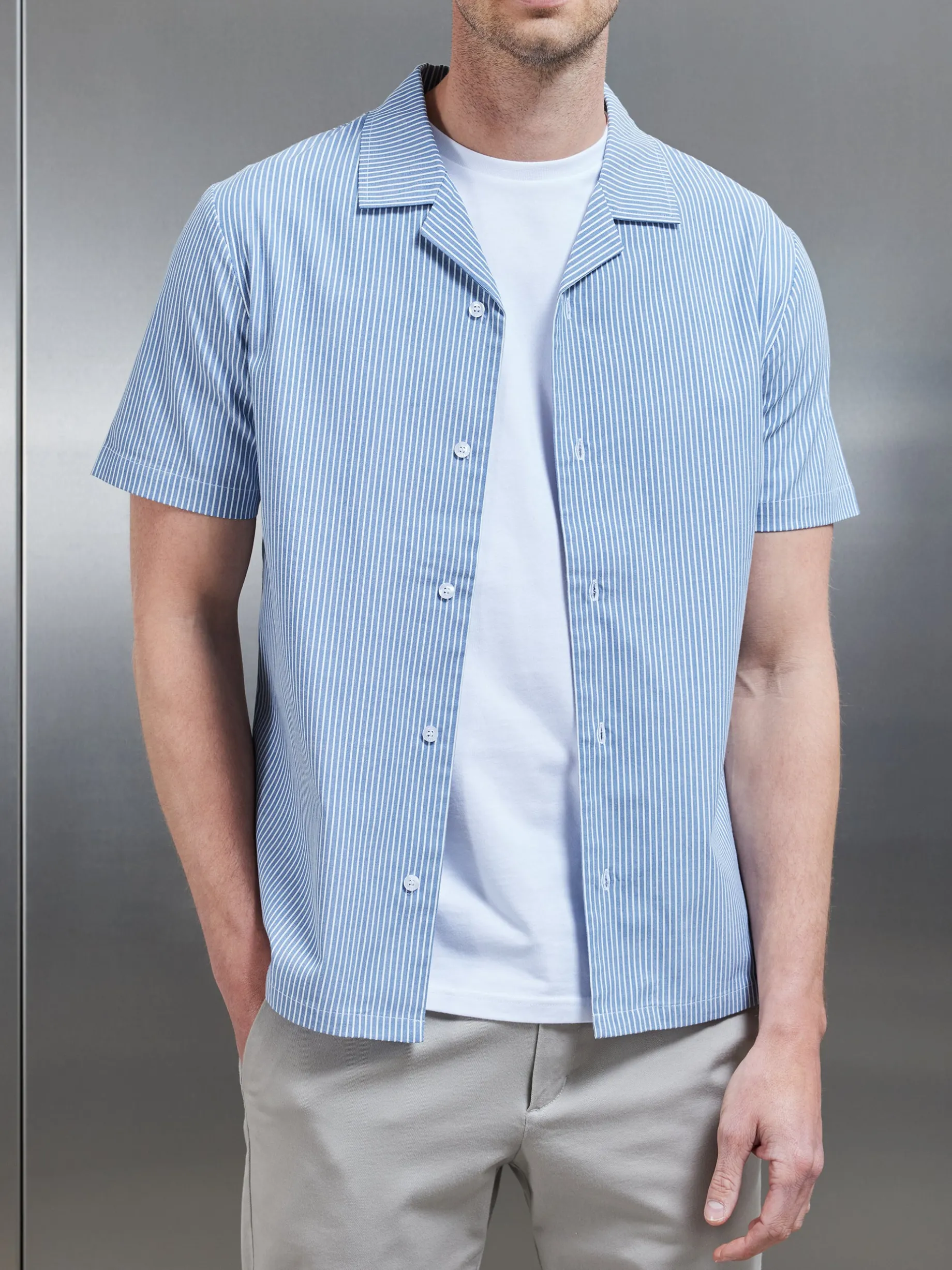 Stripe Short Sleeve Revere Collar Shirt - Blue