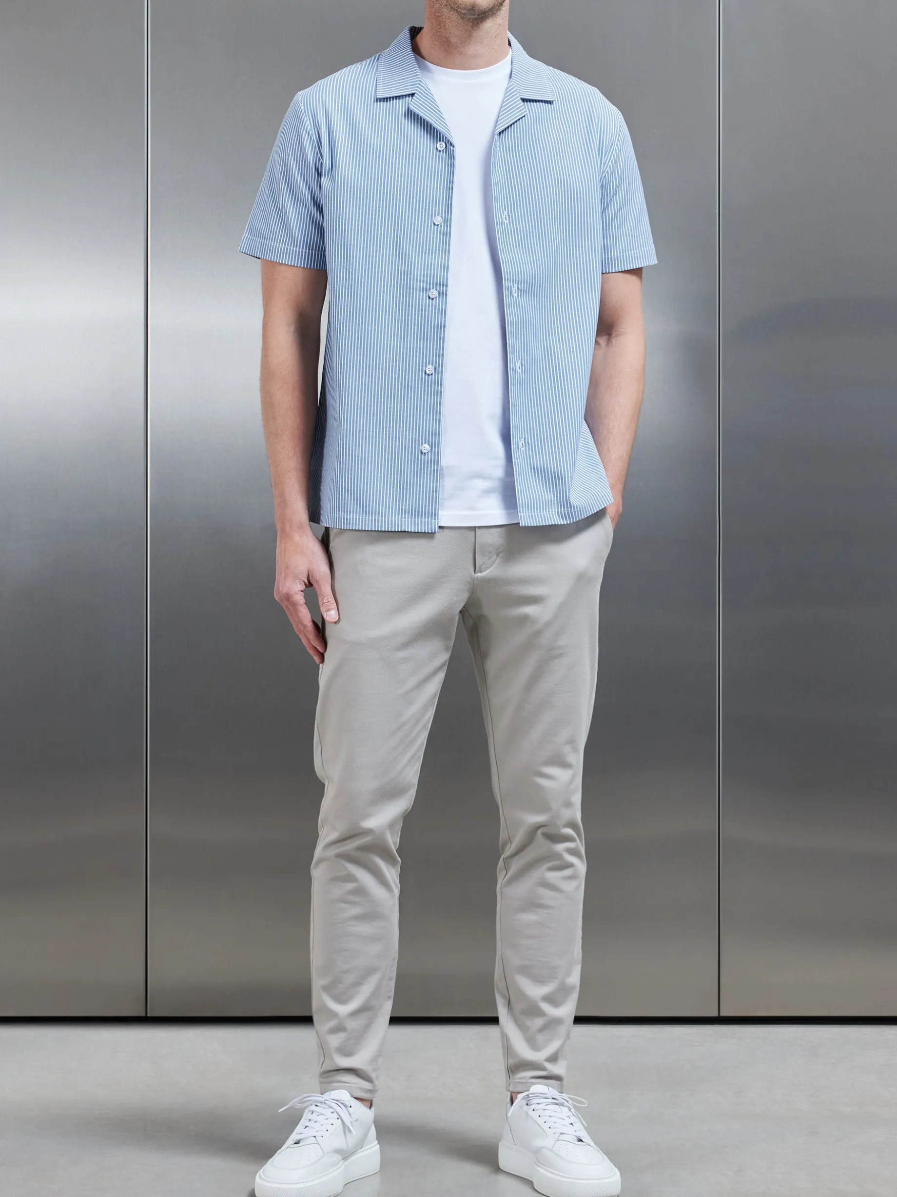 Stripe Short Sleeve Revere Collar Shirt - Blue