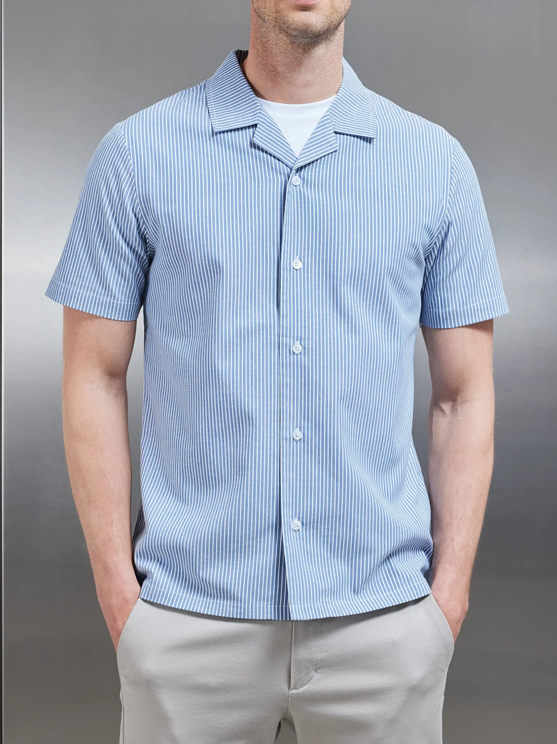 Stripe Short Sleeve Revere Collar Shirt - Blue
