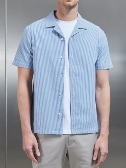 Stripe Short Sleeve Revere Collar Shirt - Blue