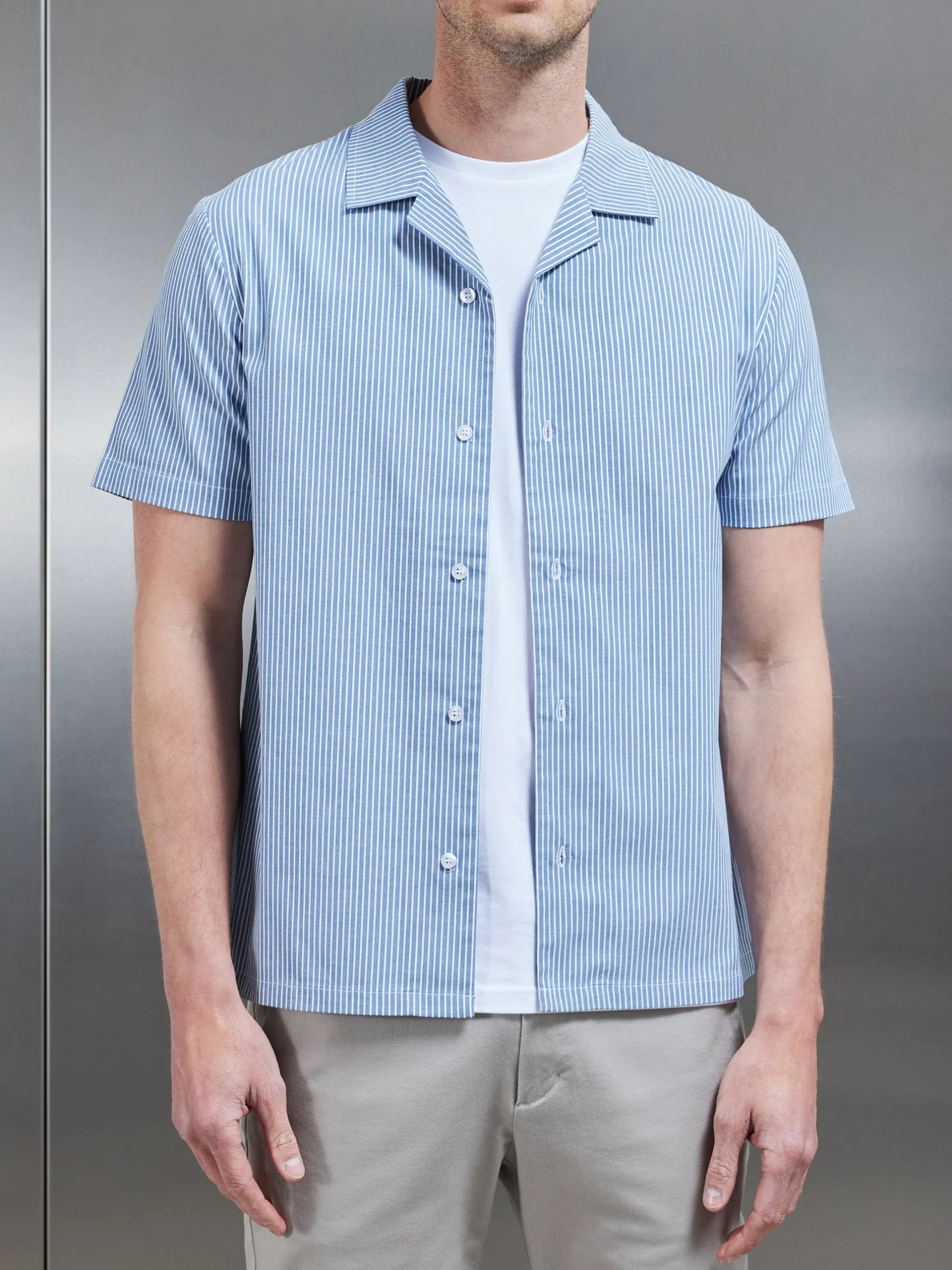 Stripe Short Sleeve Revere Collar Shirt - Blue
