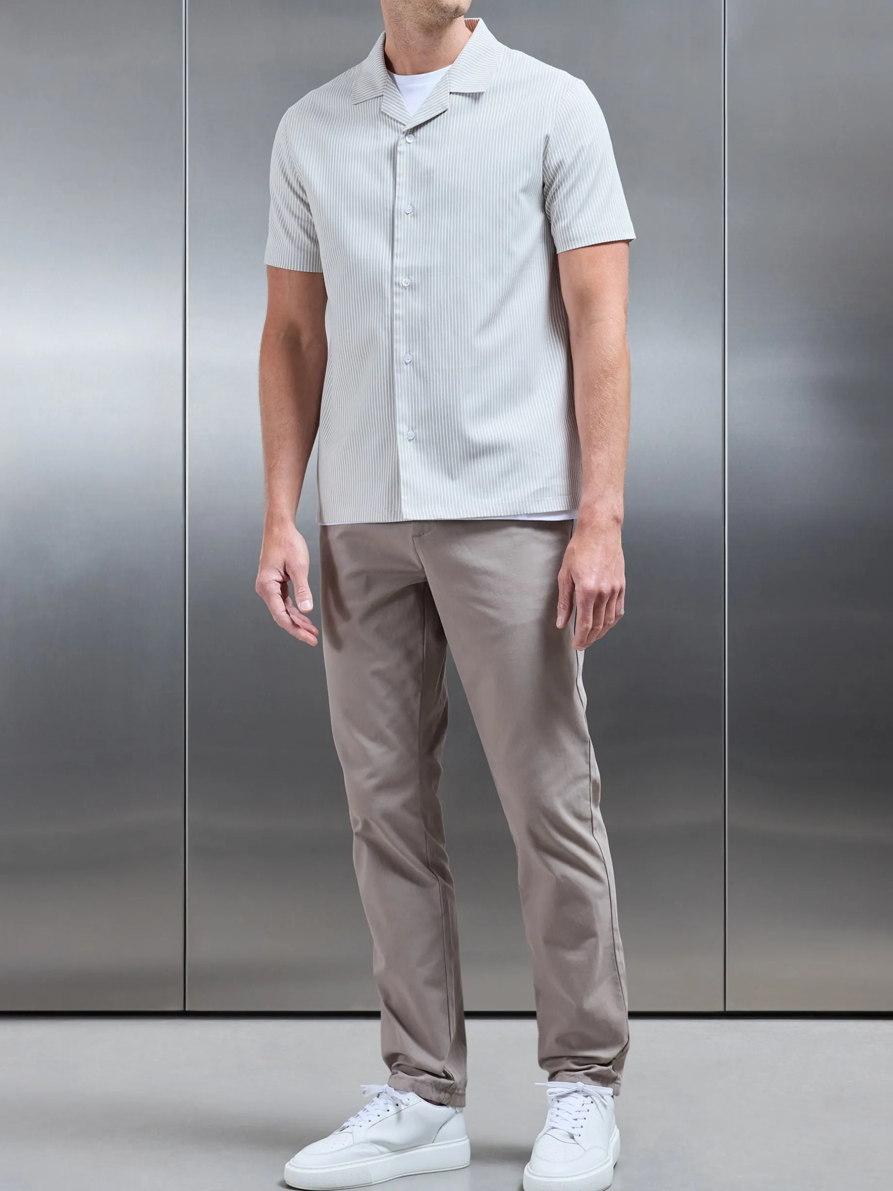 Stripe Short Sleeve Revere Collar Shirt - Stone
