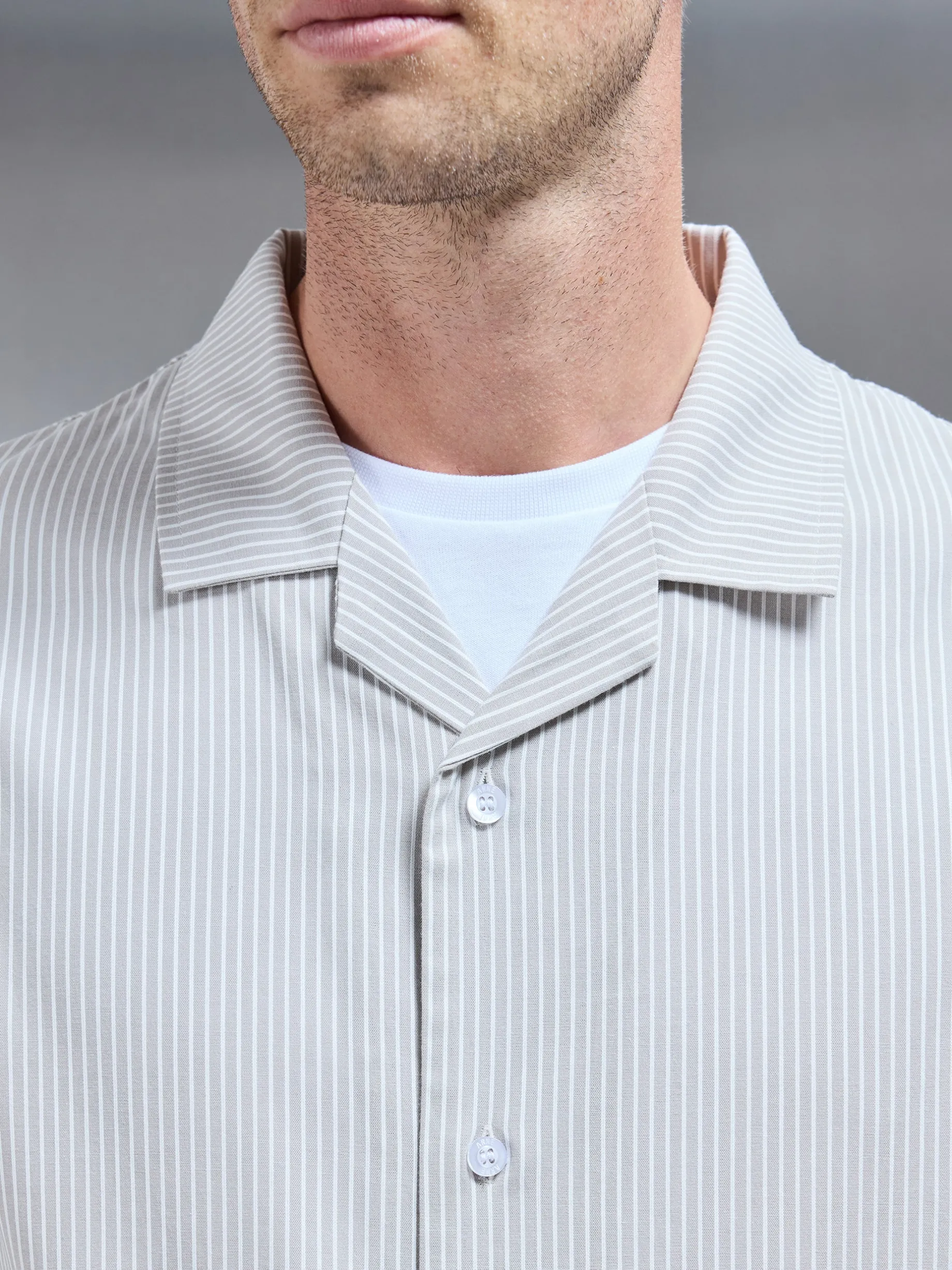 Stripe Short Sleeve Revere Collar Shirt - Stone