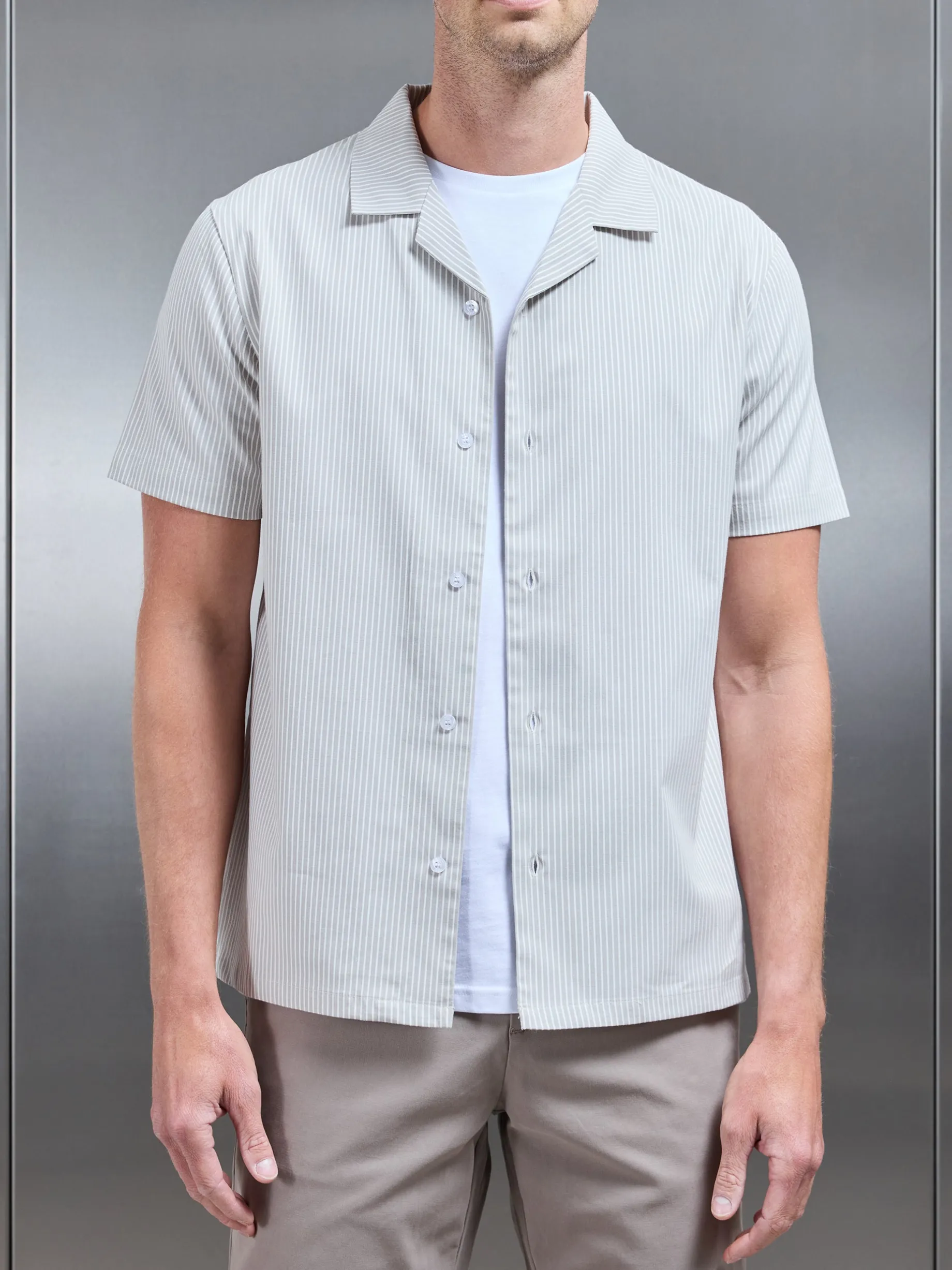 Stripe Short Sleeve Revere Collar Shirt - Stone
