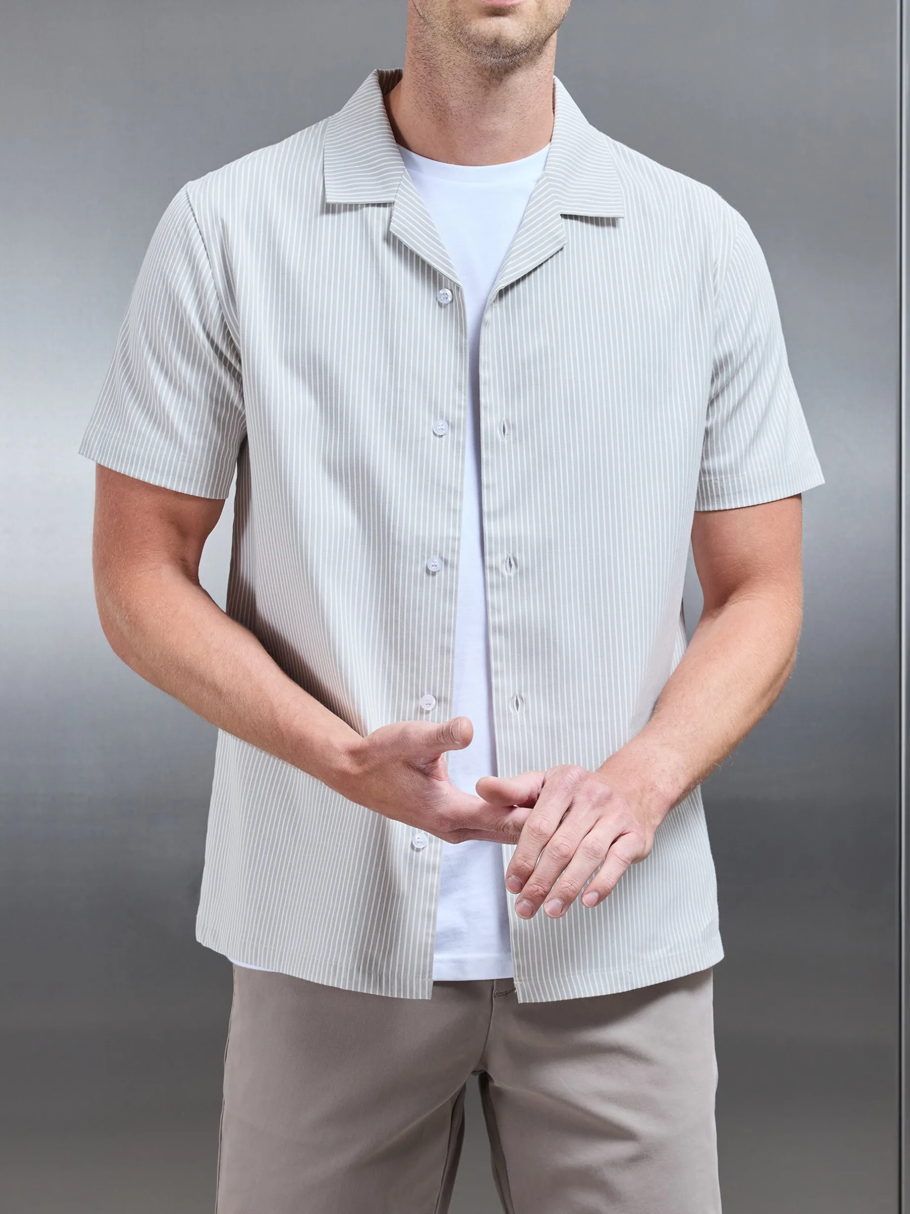 Stripe Short Sleeve Revere Collar Shirt - Stone