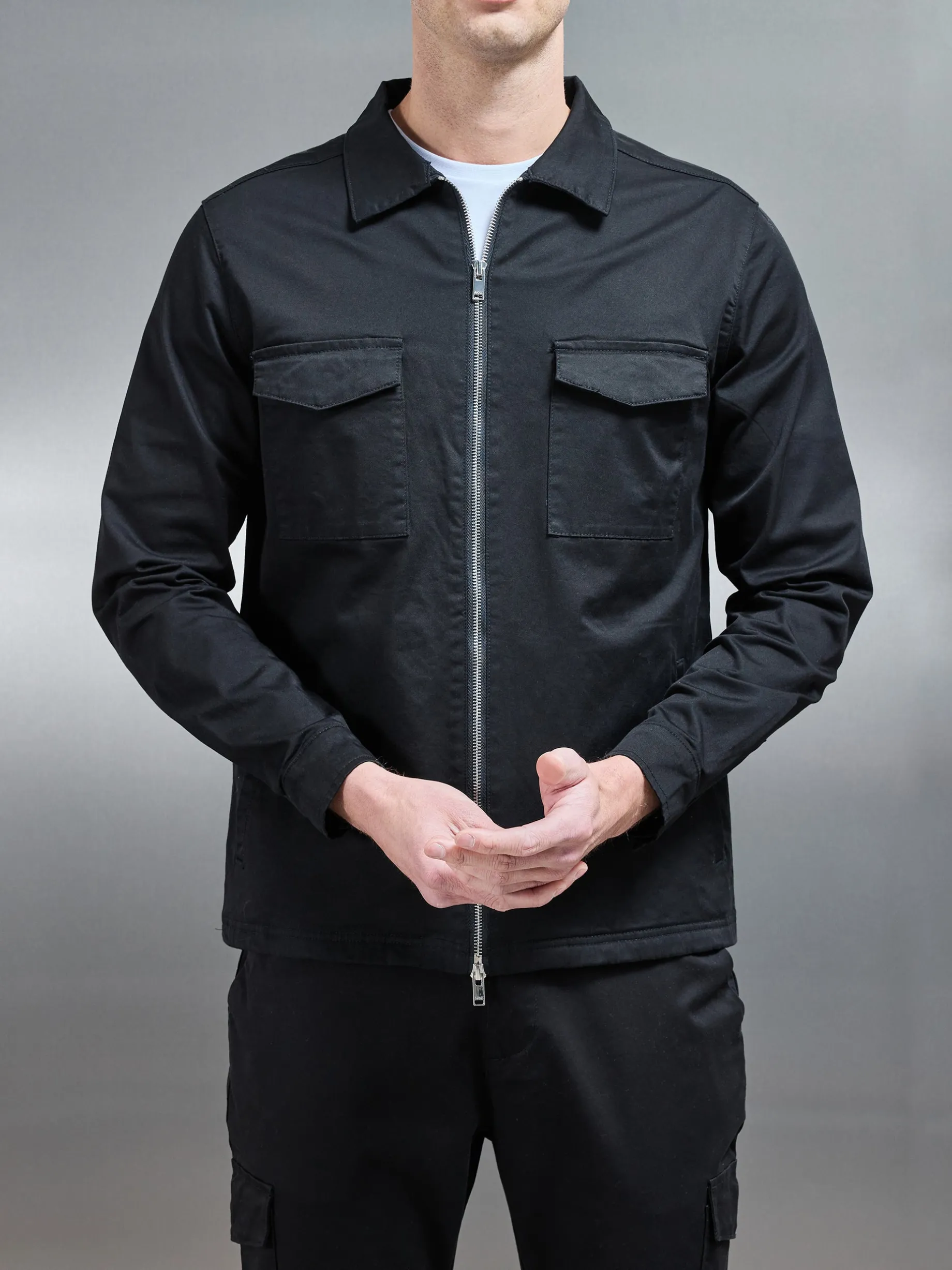 Tailored Cotton Cargo Jacket - Black