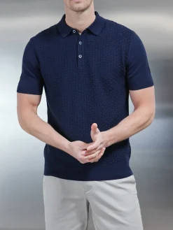 Textured Egyptian Cotton Polo Shirt - Navy