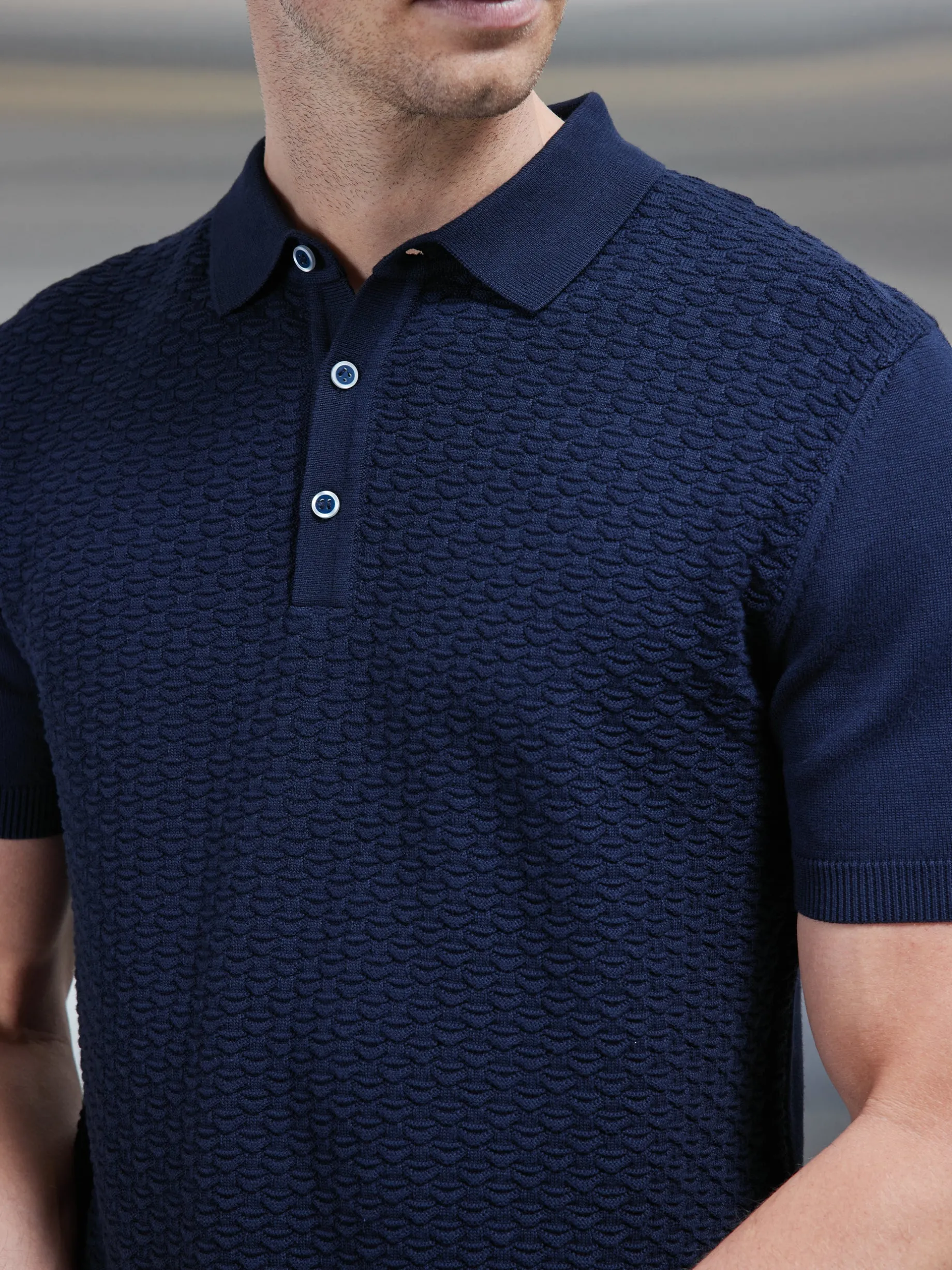 Textured Egyptian Cotton Polo Shirt - Navy