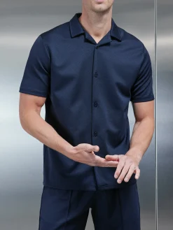 Textured Interlock Revere Collar Shirt - Navy