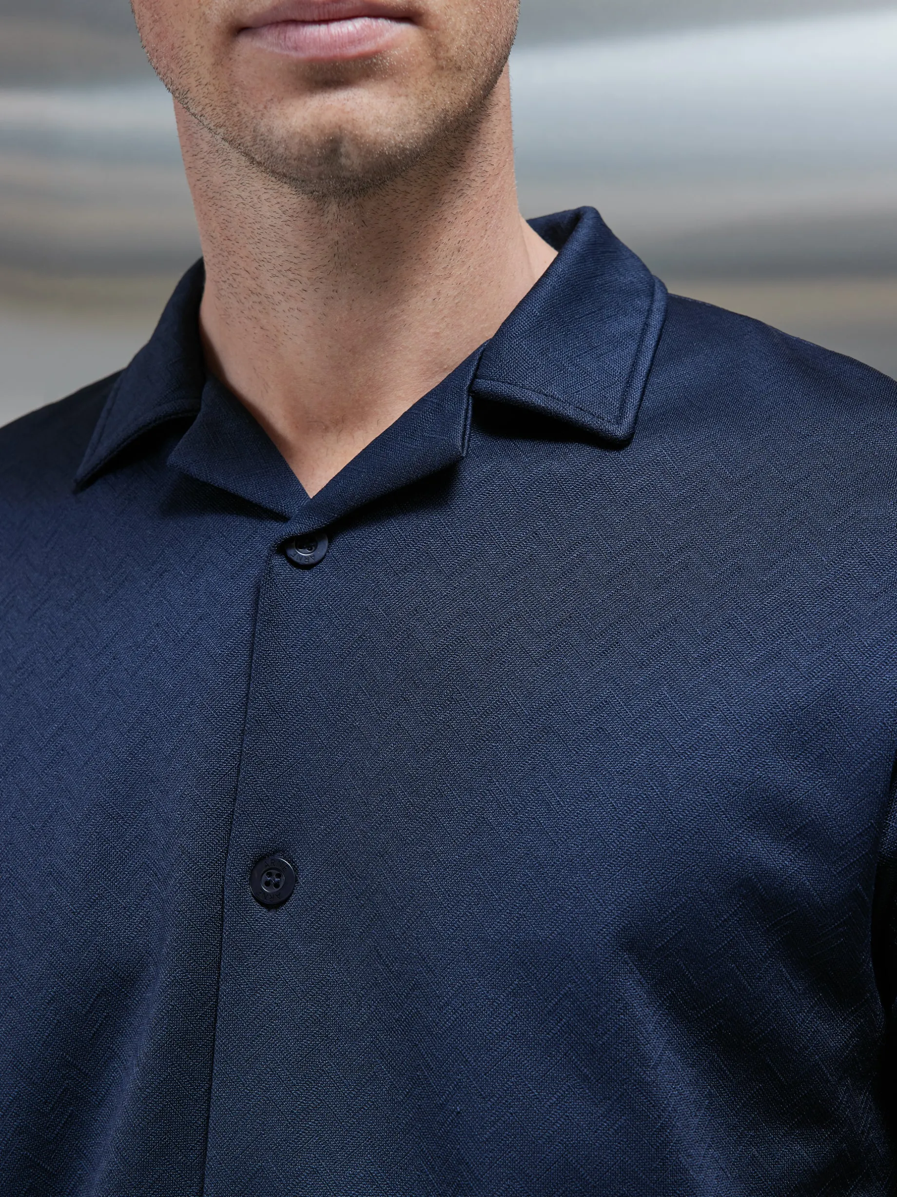 Textured Interlock Revere Collar Shirt - Navy
