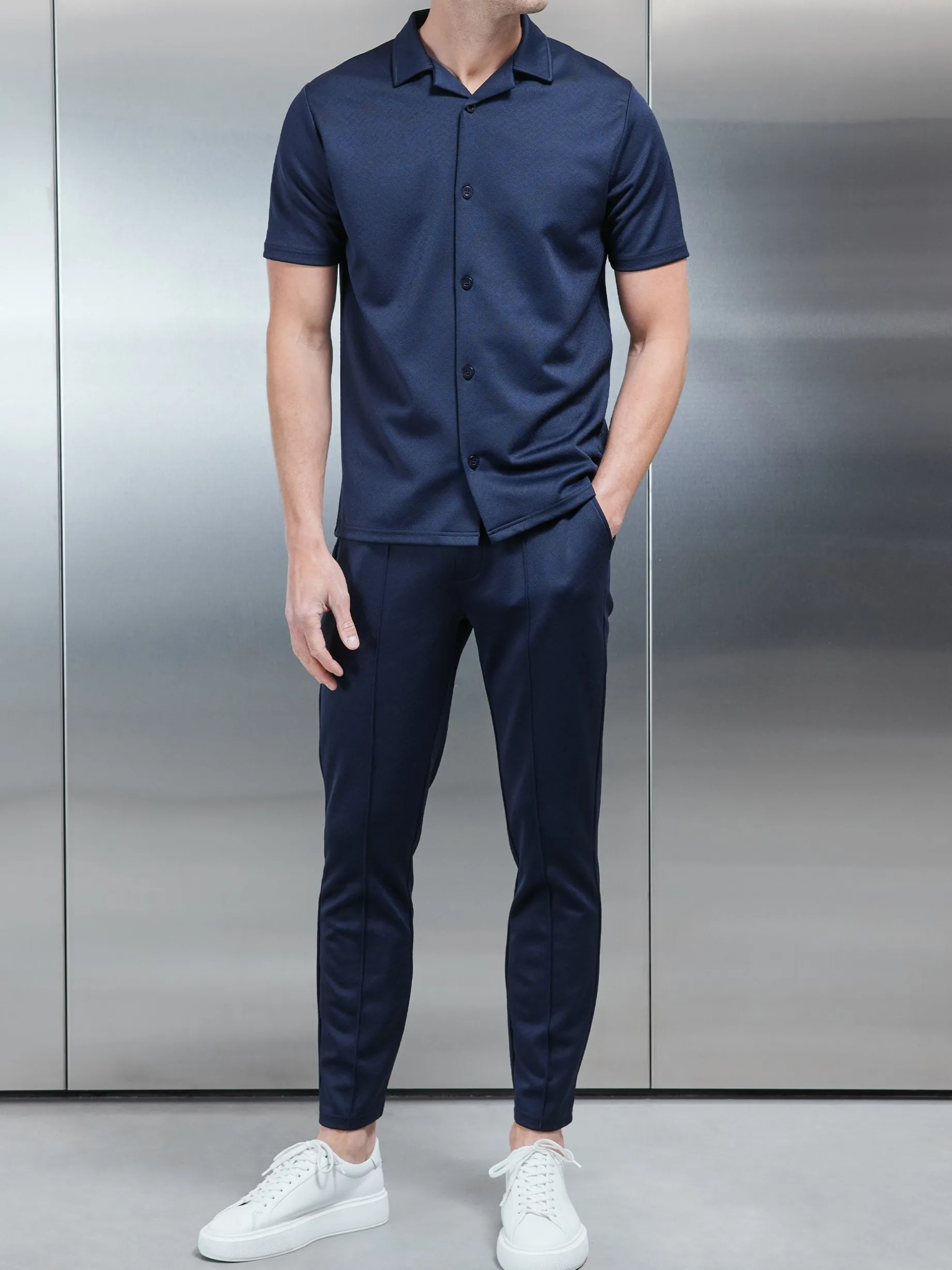 Textured Interlock Revere Collar Shirt - Navy