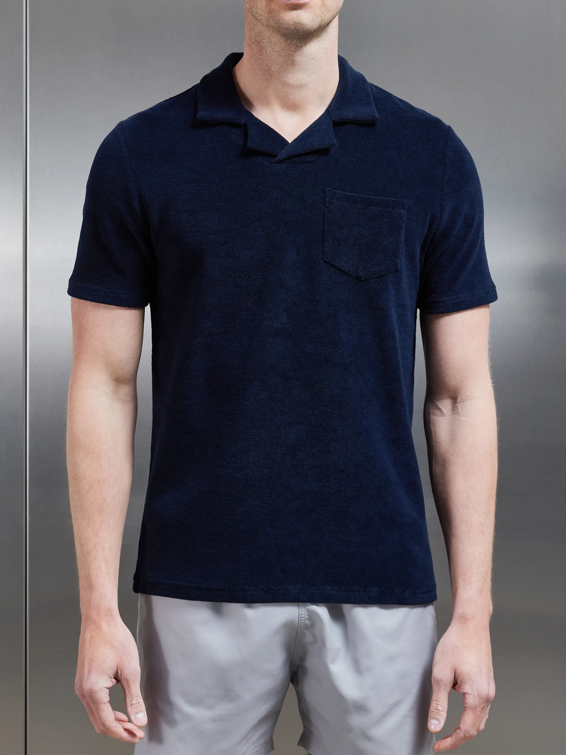Towelling Revere Collar Polo Shirt - Navy