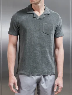 Towelling Revere Collar Polo Shirt - Sage