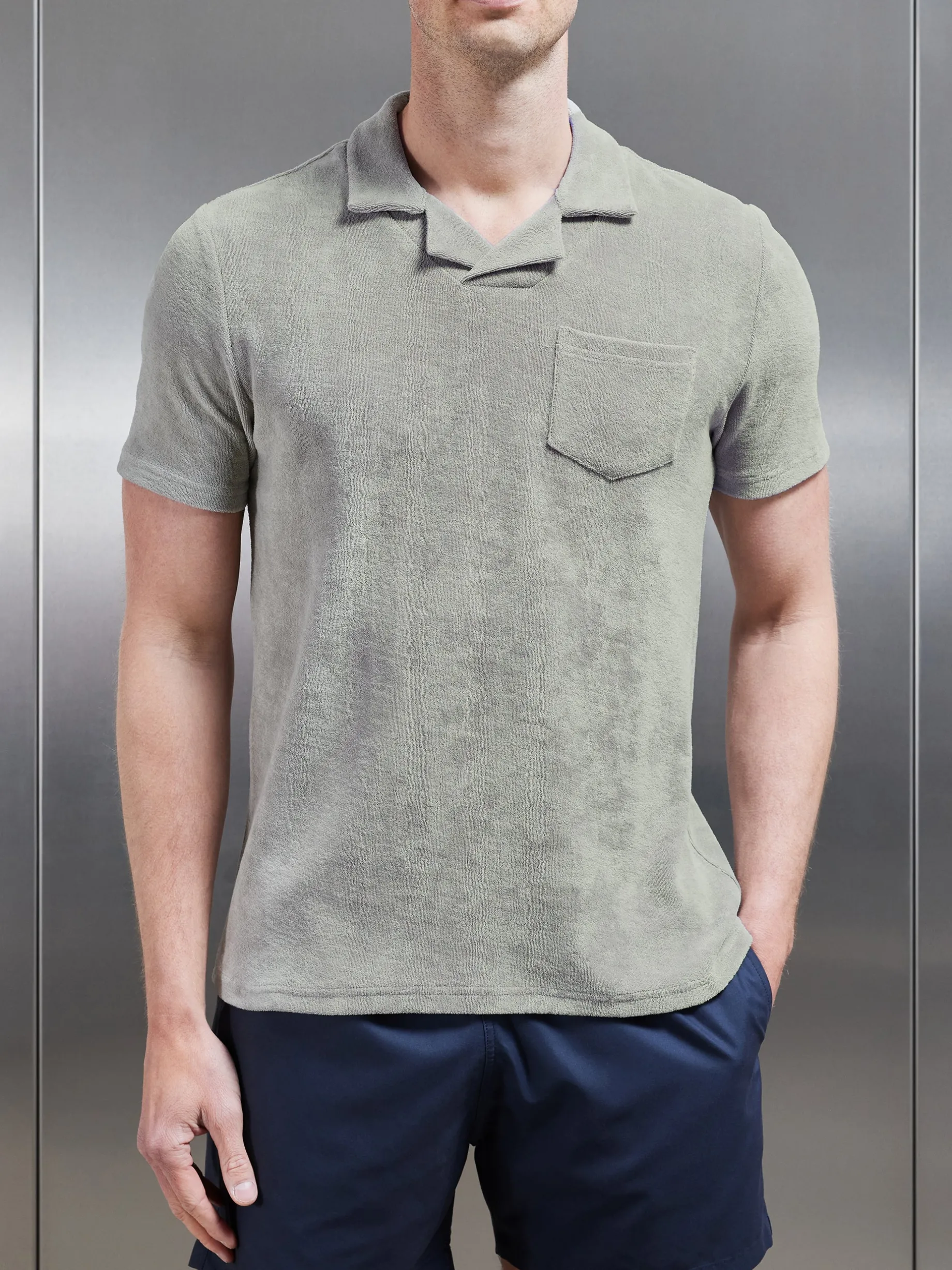 Towelling Revere Collar Polo Shirt - Stone